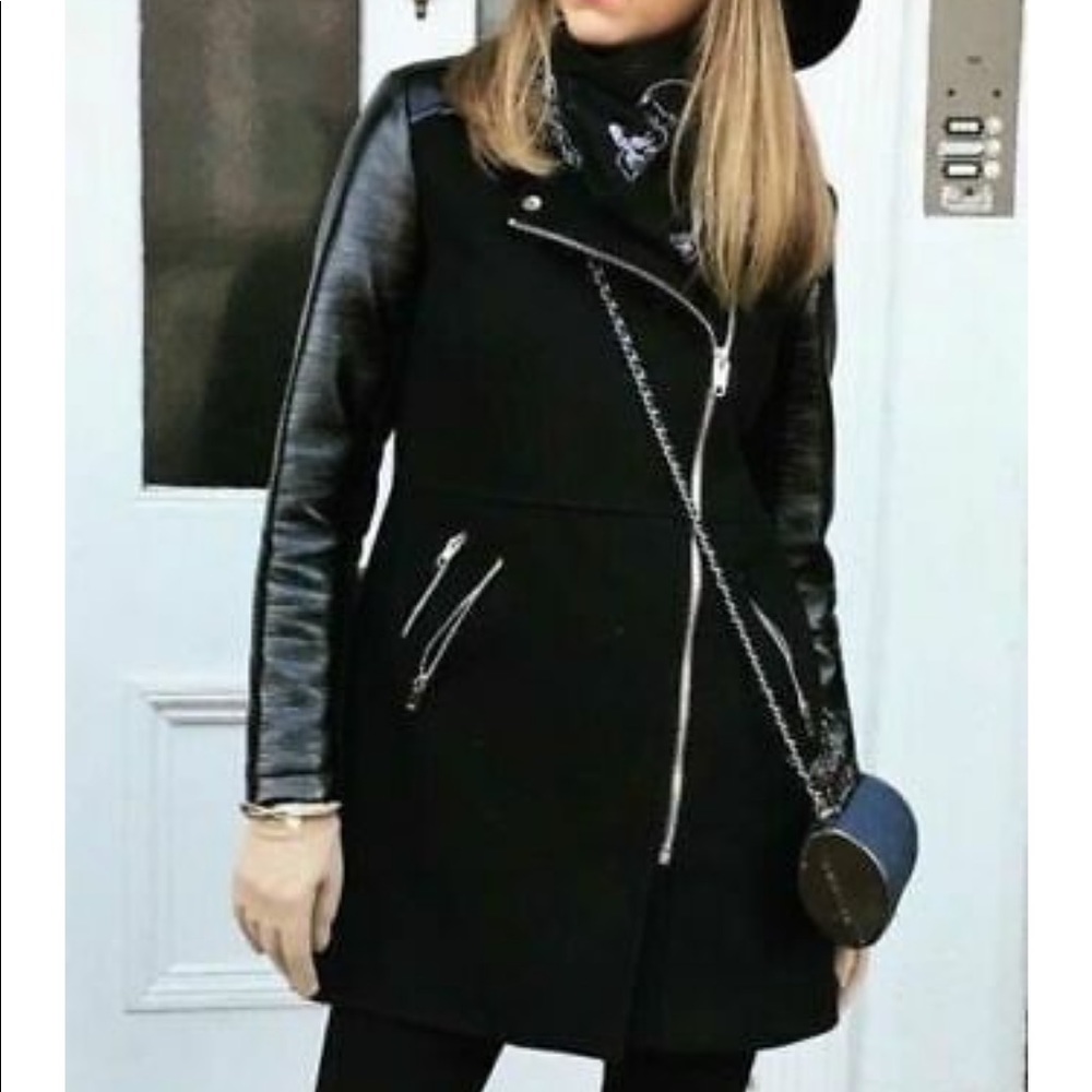Zara Black Contrasting Patent Finish Biker Coat